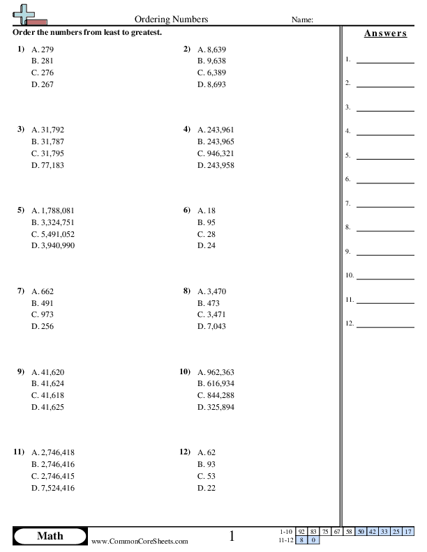 Comparing Three Digit Numbers worksheet